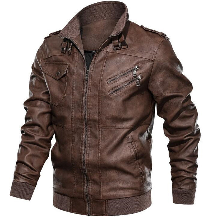 PU Leather Plain Hoodless Jacket with Vertical Collar and Zipper Front