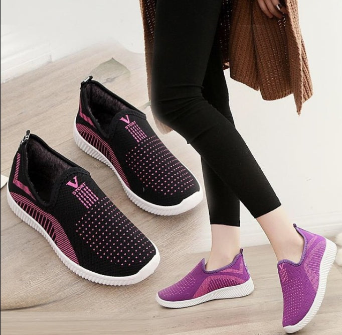 Chaussures d'hiver en coton et maille, doublées de velours, pour femmes