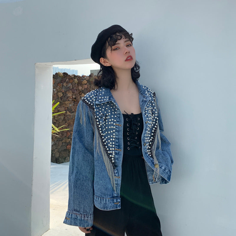 Heavy Industry Beaded Diamond Tassel Short Denim Jacket
