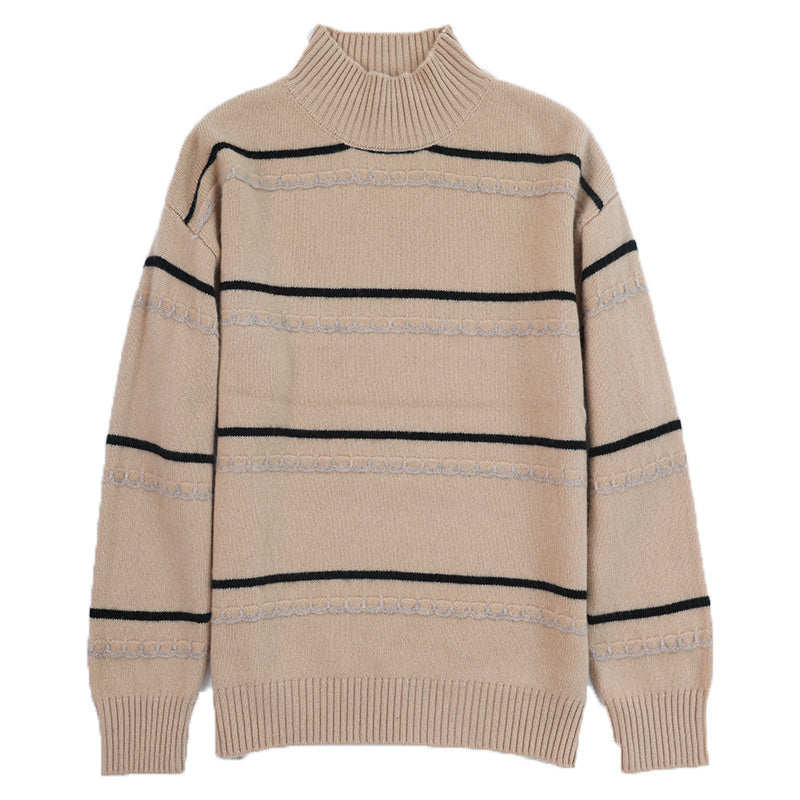 Wool Colorblock Half High Round Neck Turtleneck Sweater
