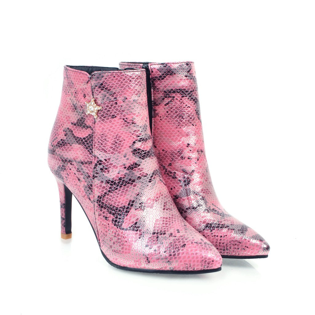 Bottes à talons aiguilles pointus à motif serpent avec fermeture éclair latérale pour femme