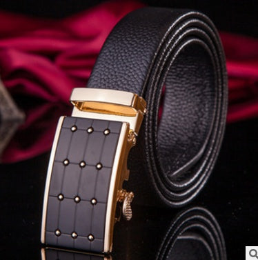 Men's Leather Automatic Buckle Belt 3.55CM Wide with Gold Buckle Head