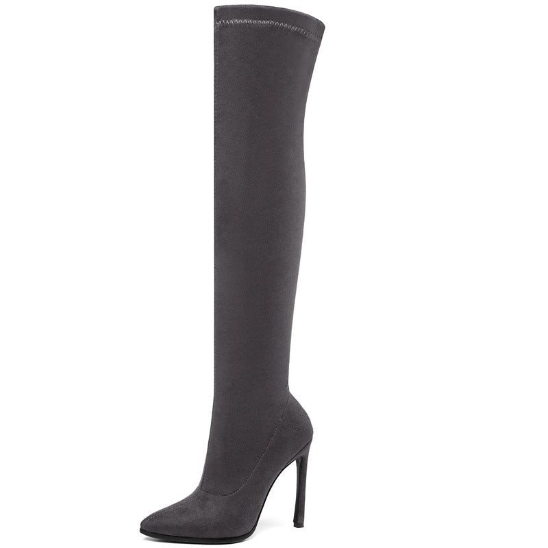 Bottes cuissardes en velours élastique à talons aiguilles