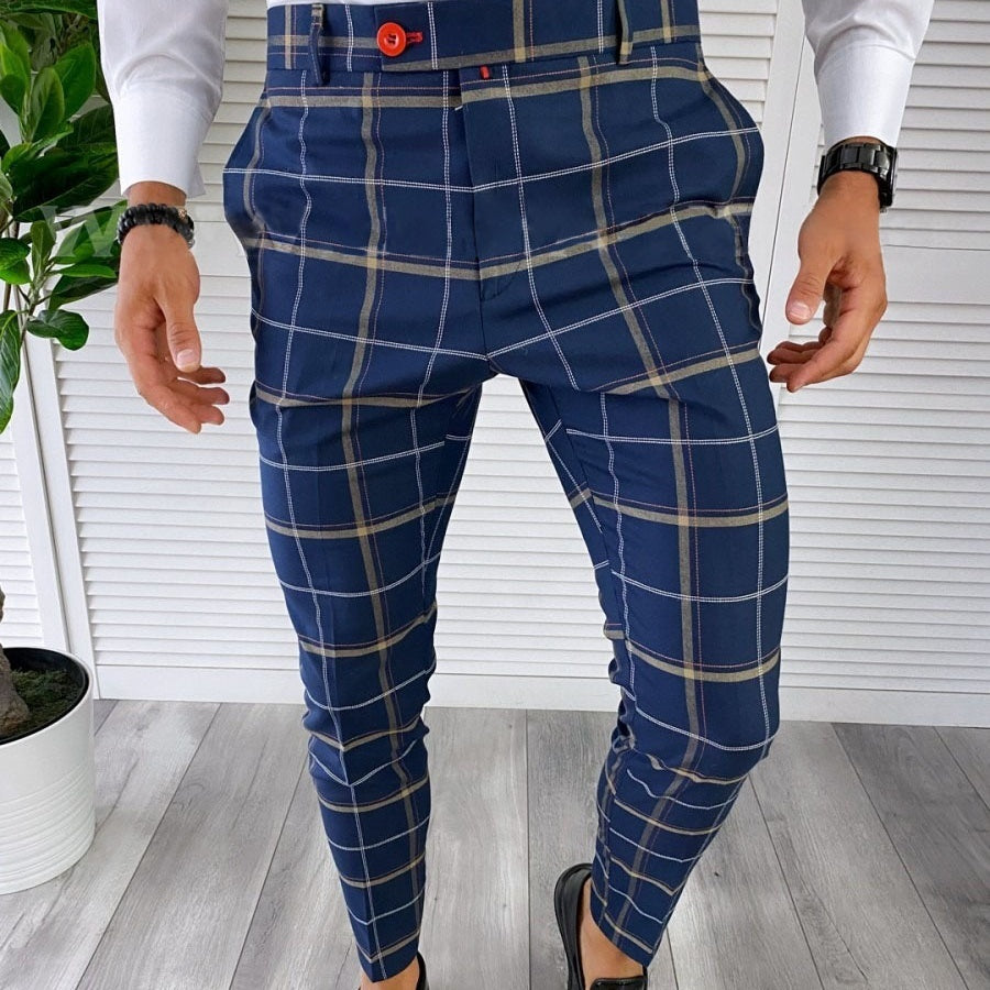 Autumn Men's Plaid Casual Suit Pants Straight Fit