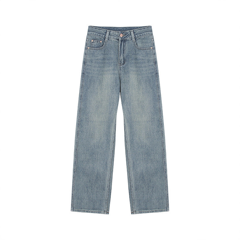 High Waist Blue Slimming Straight Leg Pants for Women