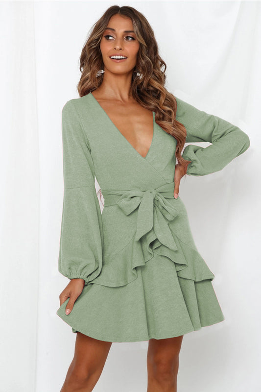 Ruffled Pleated Long Sleeve Lace Up V-neck Pink Women's Skirt