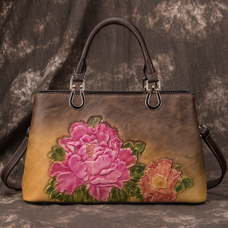 Peony Embossed Cowhide Leather Bag for Ladies Large Capacity