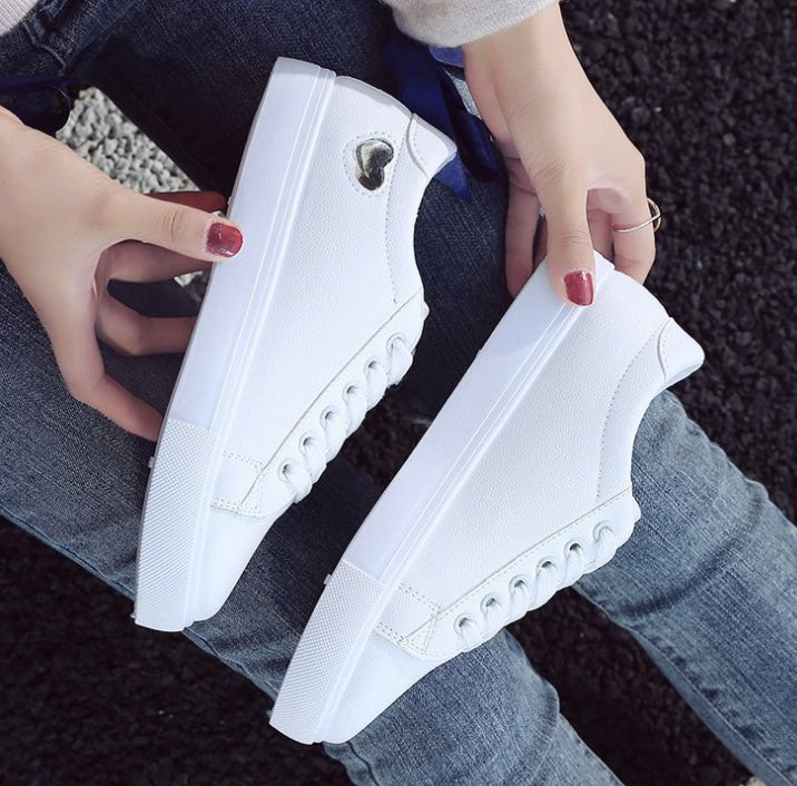 Women’s PU Leather Heart Flats Casual Breathable White Sneakers