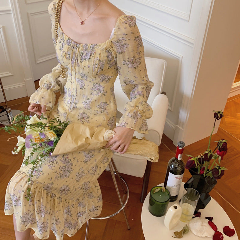 Vintage Floral Square Collar Long Dress