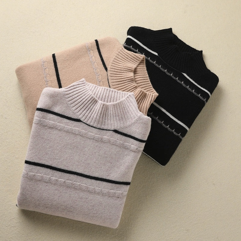 Wool Colorblock Half High Round Neck Turtleneck Sweater