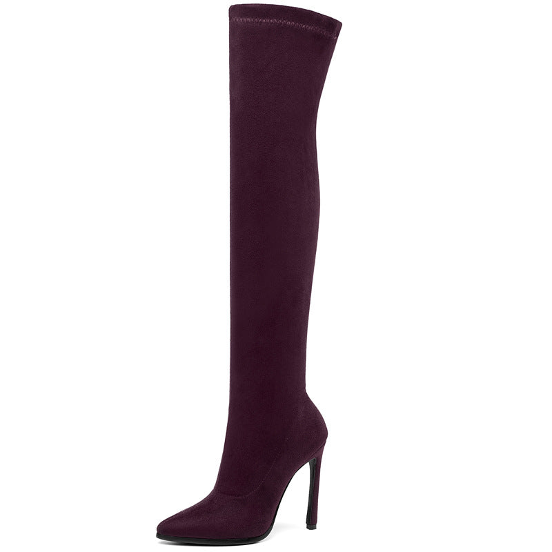 Bottes cuissardes en velours élastique à talons aiguilles
