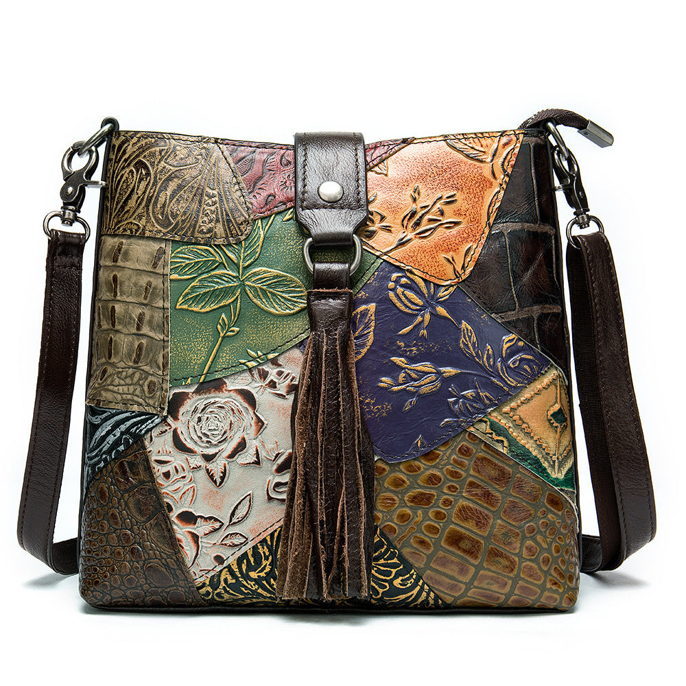 Top Layer Cowhide Square Tassel Color Block Shoulder Bag 23.5x7.5x23cm