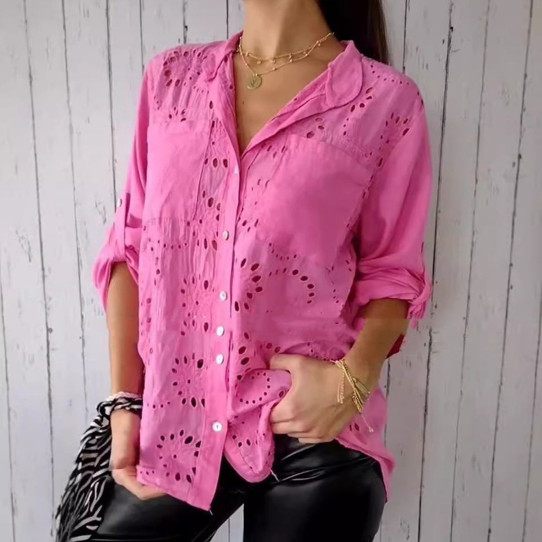Women's Casual Long Sleeve Button-Down Shirt with Hollow-Out Pockets