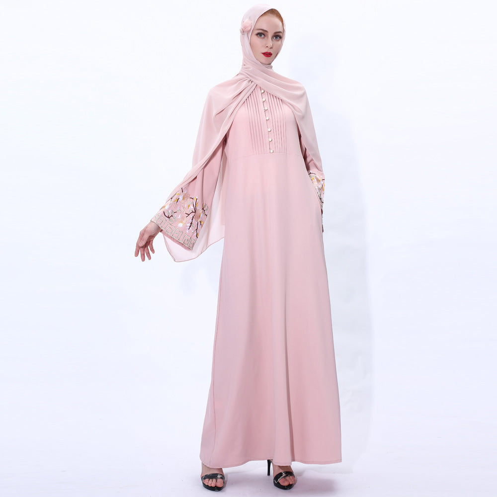 Retro Slim Muslim Women's Summer Dress with Embroidery