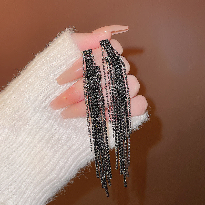 Silver Needle Exquisite Full Diamond Long Fringe Earrings