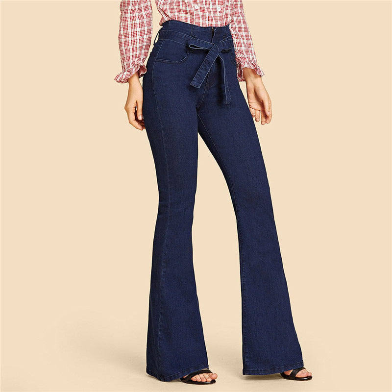 Wide-Leg Flared Jeans Polyester Slim Pants