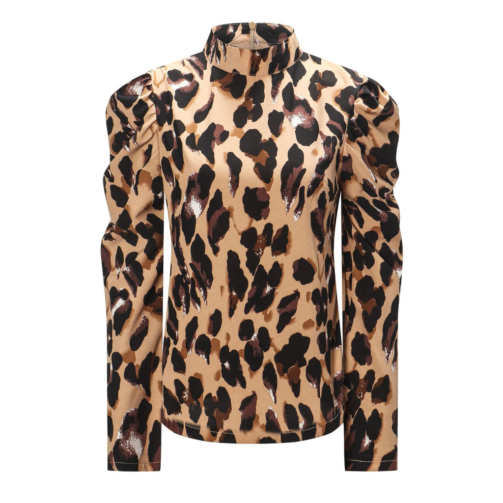 White Leopard Print Top with Lantern Sleeves and High Collar