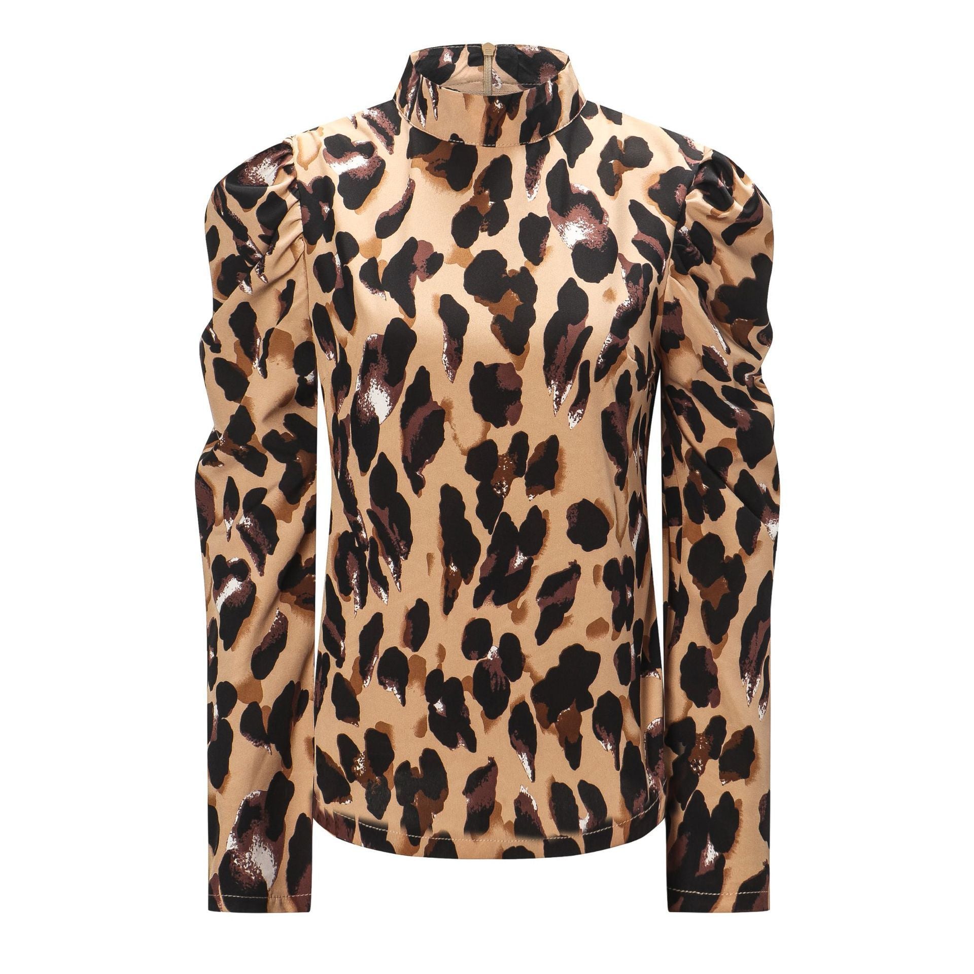 White Leopard Print Top with Lantern Sleeves and High Collar