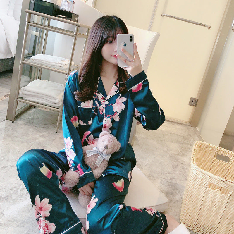 Women’s Sweet Luxury 5050 Artificial Silk Lapel Long Sleeve Pajama Set with Trousers
