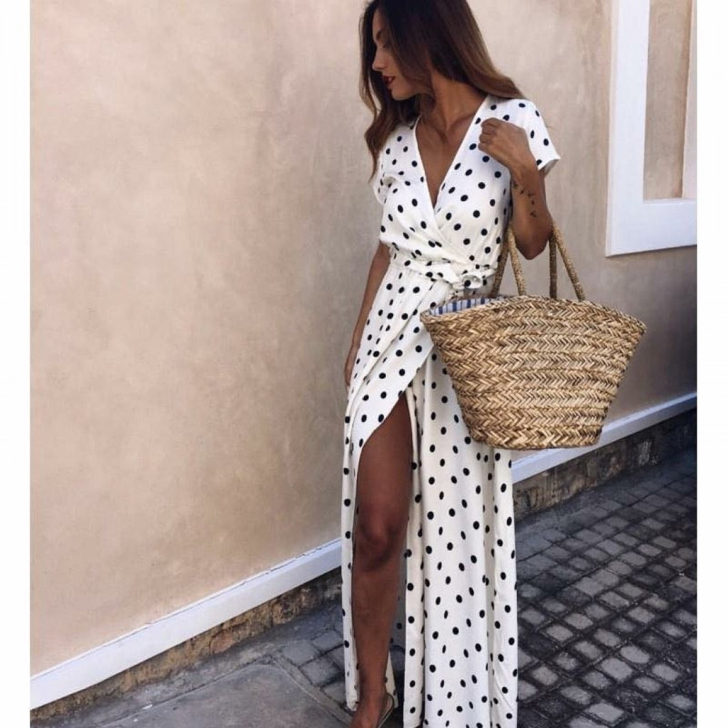 V-Neck Low-Cut Polka Dot Dress