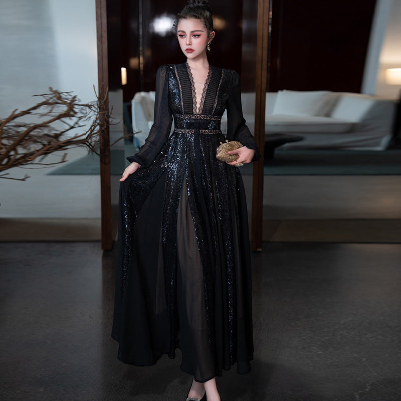 Robe de luxe arabe à col en V, manches longues et taille mi-haute avec grand ourlet