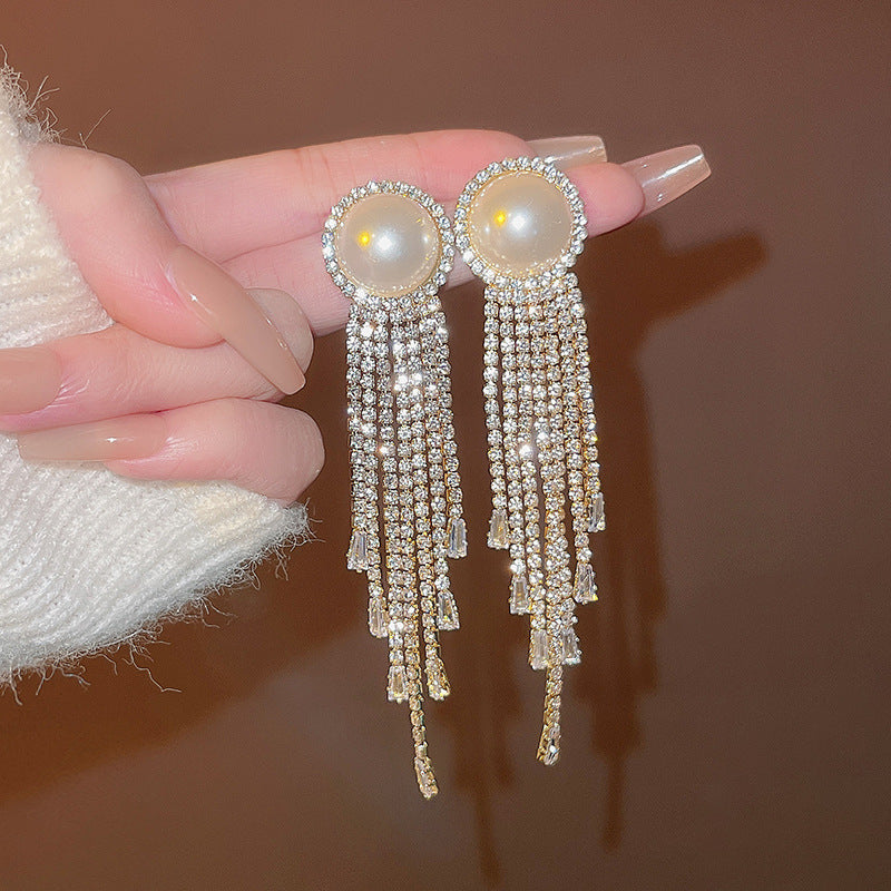 Silver Needle Exquisite Full Diamond Long Fringe Earrings