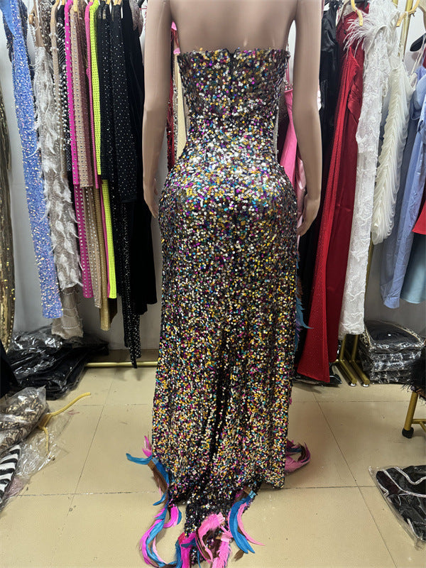Robe bustier longue à paillettes avec fente haute et plumes dégradées pour femme