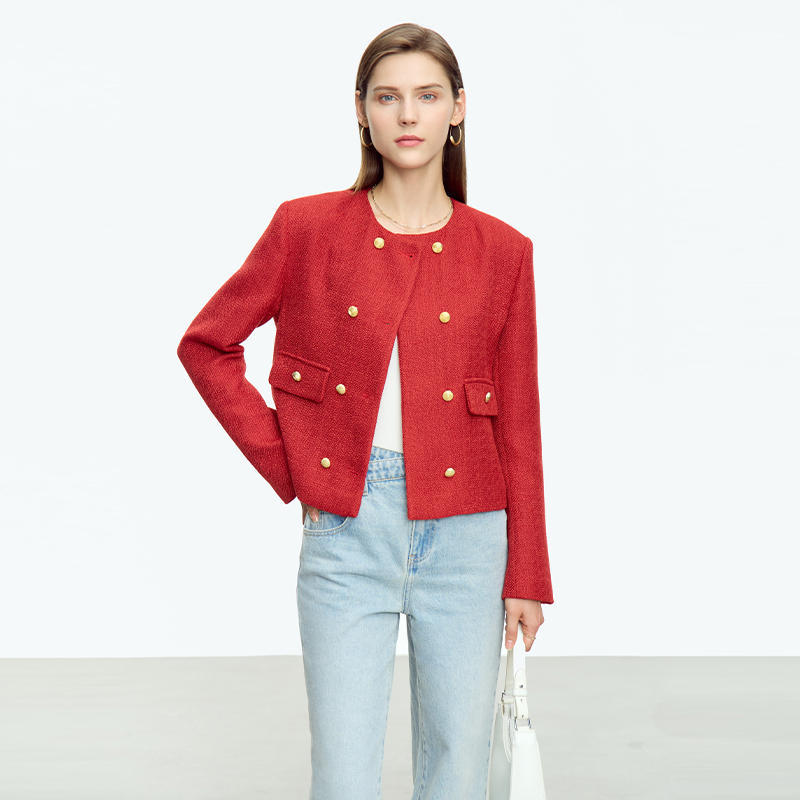 Veste courte de printemps ample à double boutonnage et col rond pour femme
