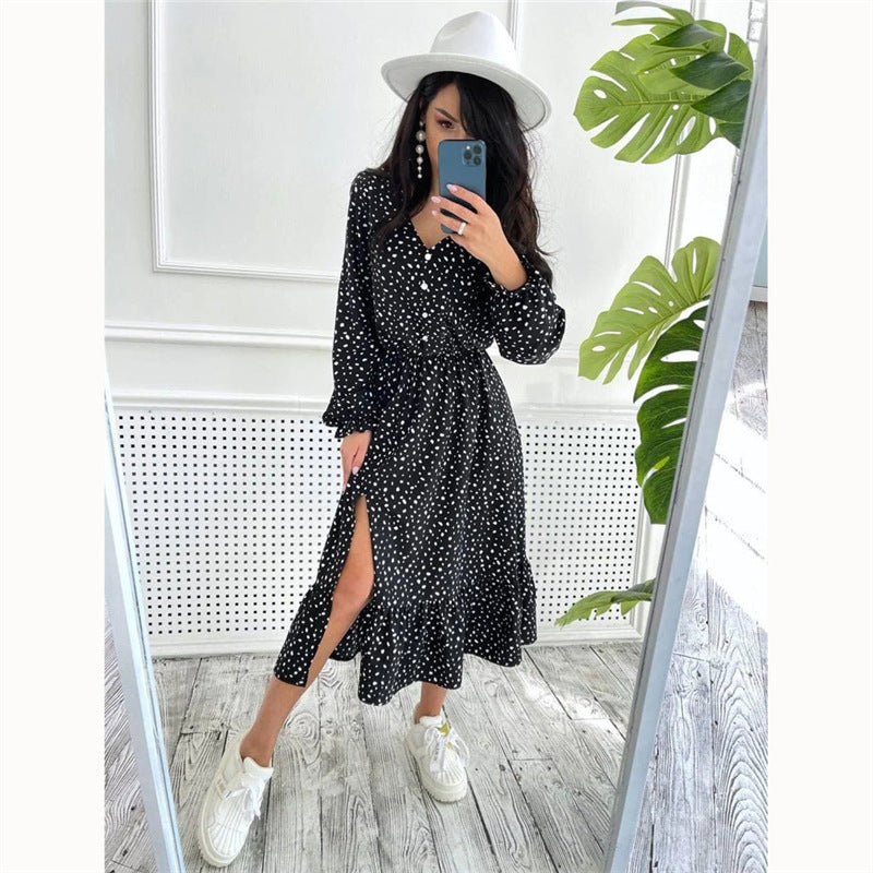 Women's V-neck Fashion Casual Polka Dot Long Dress Split Beach Dress