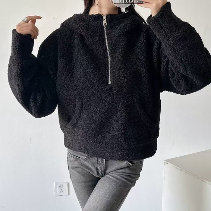 Sweat à capuche demi-zip décontracté pour filles en fausse laine d'agneau