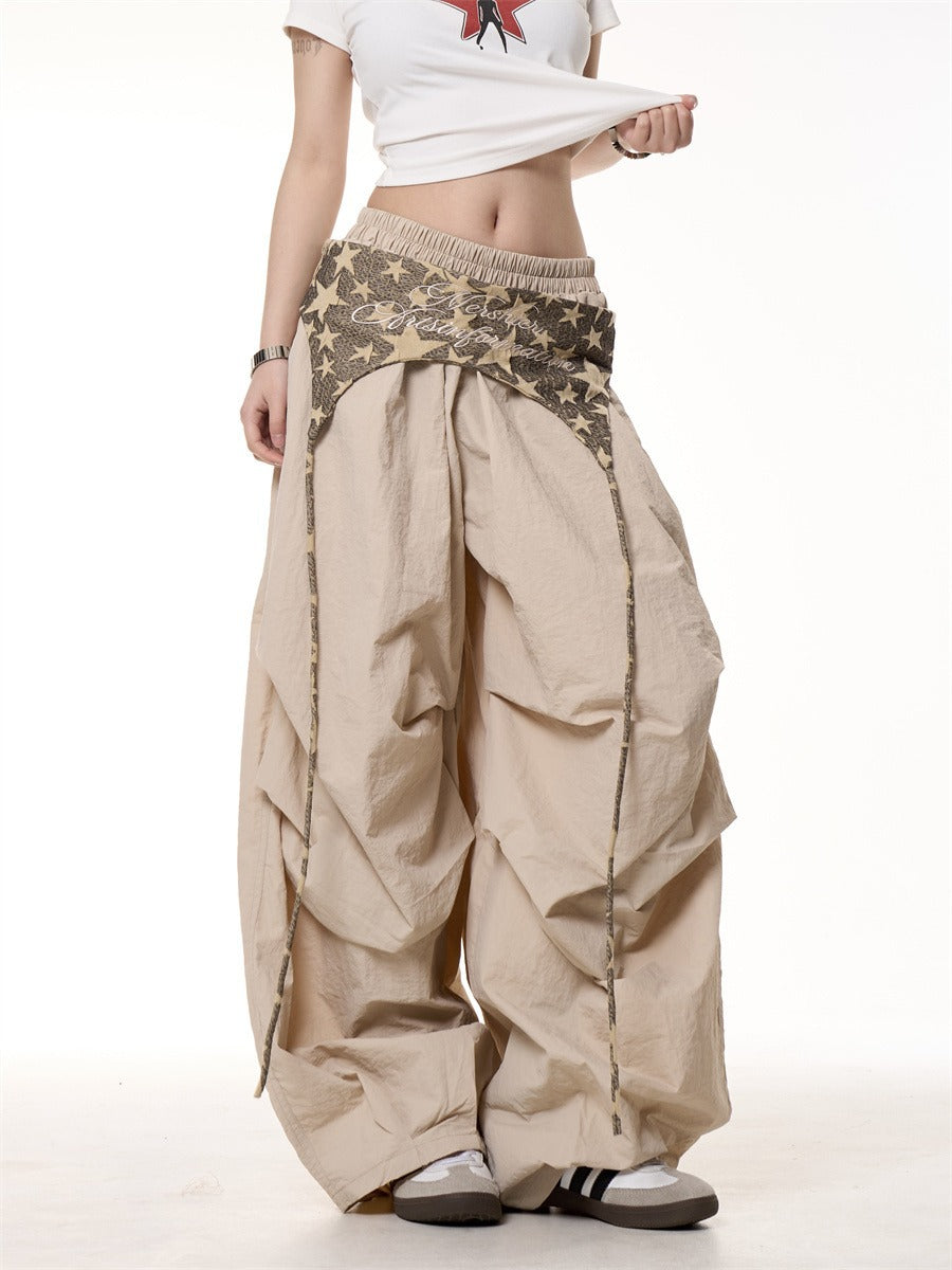 Women’s Relaxed Casual High-Waist Layered Cargo Pants with Tie Details