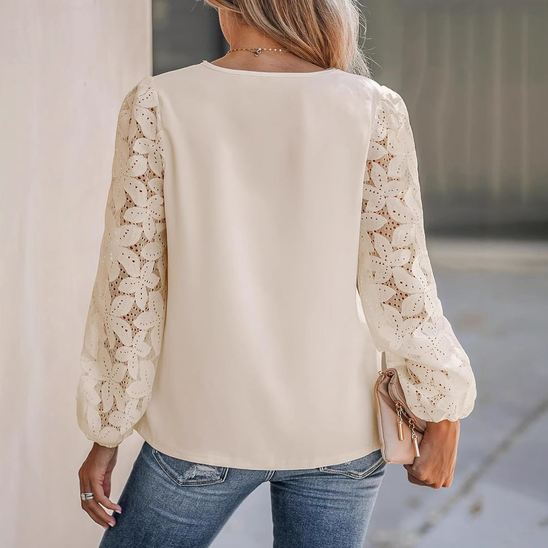 Womens V-Neck Floral Lace Long-Sleeve Shirt with Wave Pattern