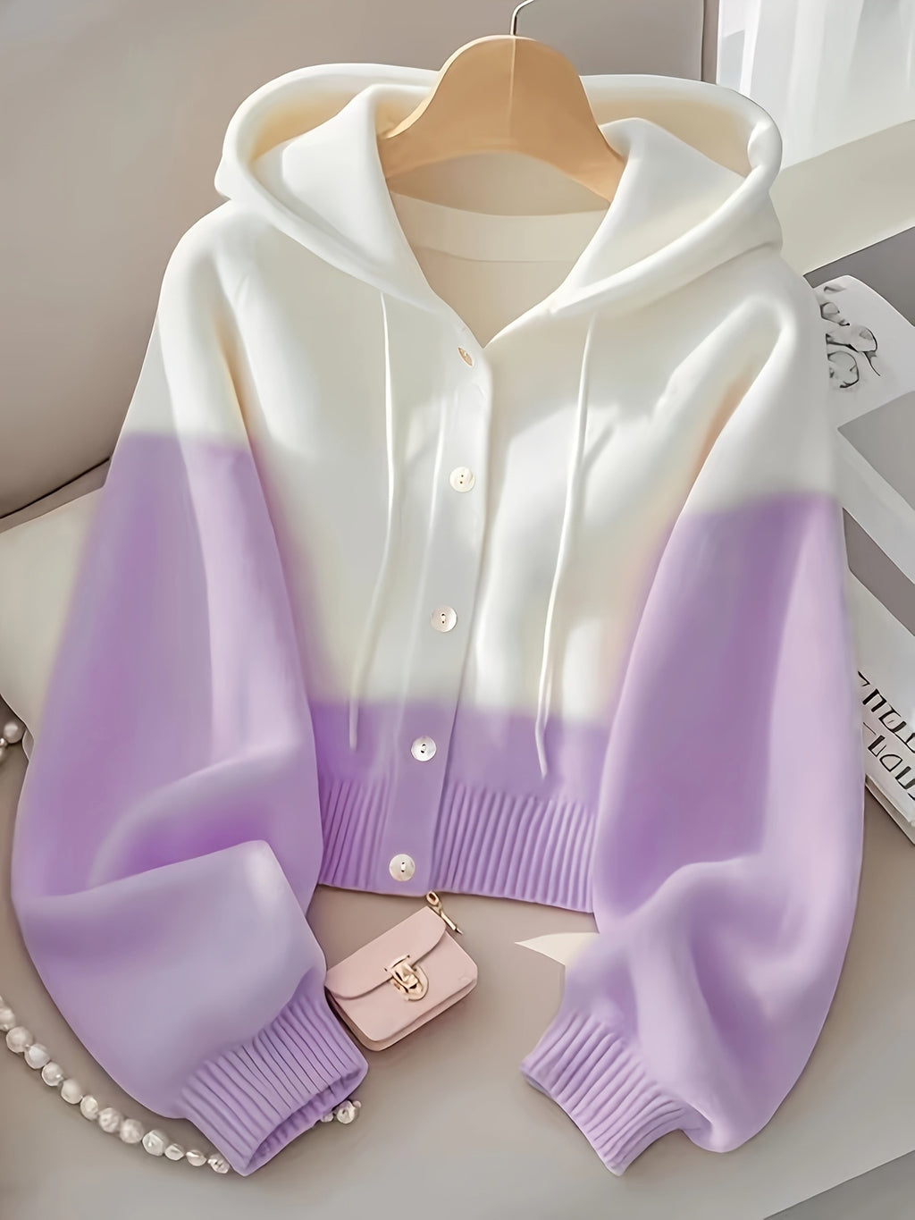 Patchwork Hooded Knitted Top High-Grade Lazy Cardigan