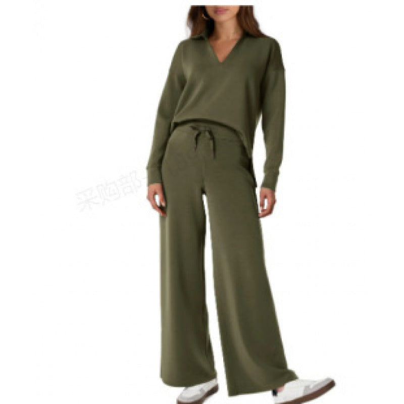 Women's V-Neck Tracksuit Set Long Sleeve Pullover & Drawstring Straight-Leg Trousers Solid Colors