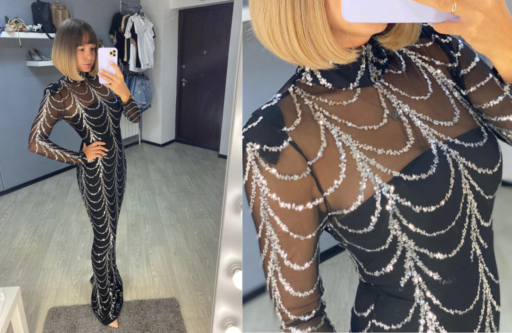 Sequins Maxi Dress Women Long Sleeve Party Dress