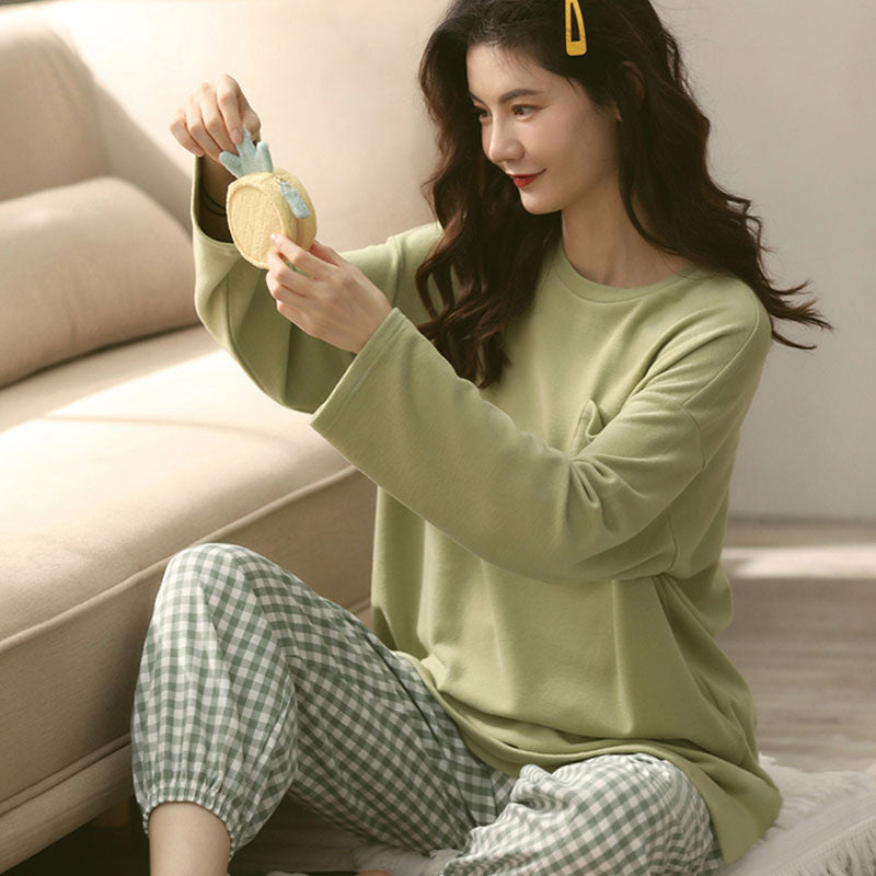 Simple Casual Korean Style Women’s Long-Sleeve Spring Autumn Pajama Set Solid Color Plaid