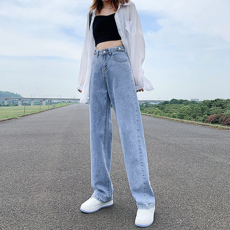 Women's Adjustable High Waist Straight Denim Jeans Loose Fit