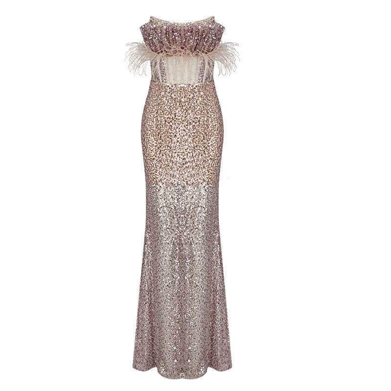 Champagne Beaded Sequined Cutout Mesh Strapless Dress