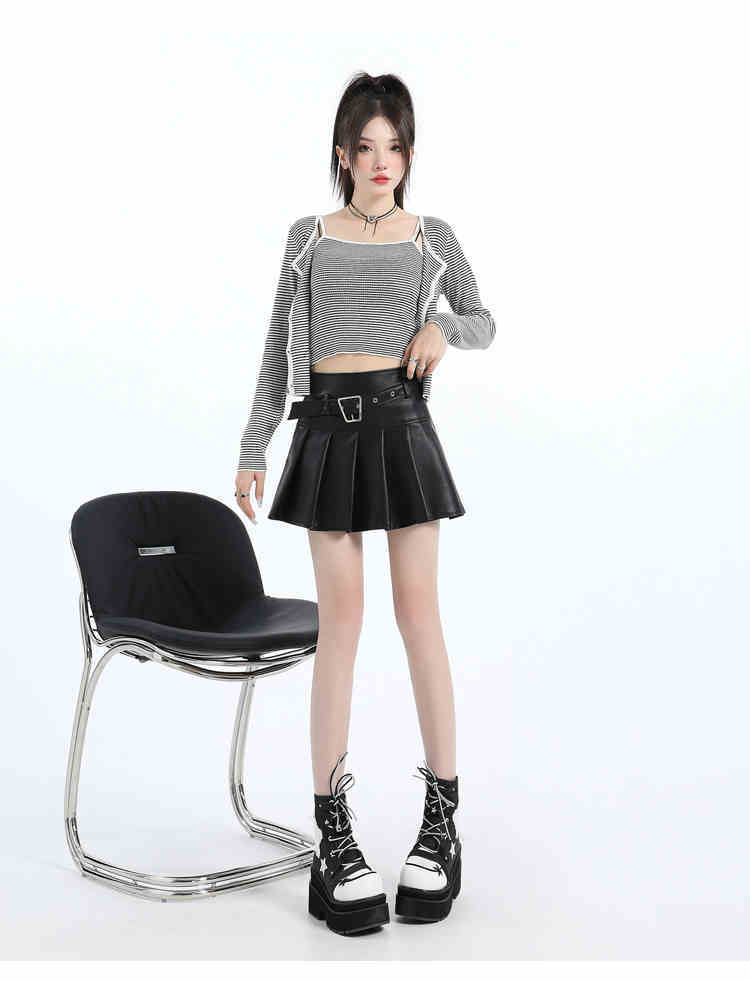 High Waist PU Leather Pleated A-Line Skirt