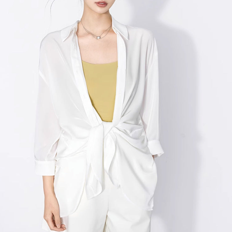 French Romantic White Lace-Up Openwork Blouse for Women