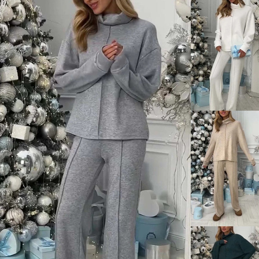 طقم تريكو نسائي بياقة عالية وأكمام طويلة وبنطال