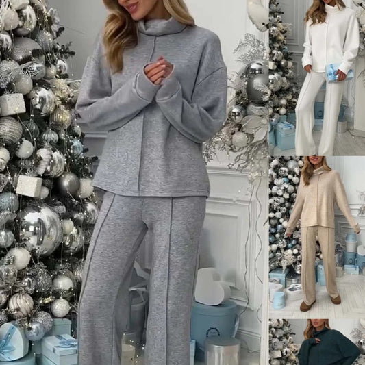 Ensemble tricoté femme : haut à col roulé à manches longues et pantalon