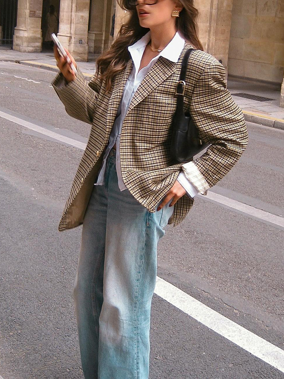 Elegant Plaid Polyester Blazer for Work & Daily Wear