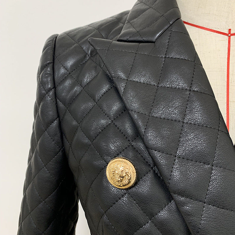 Slim-Fit Quilted PU Leather Blazer Jacket