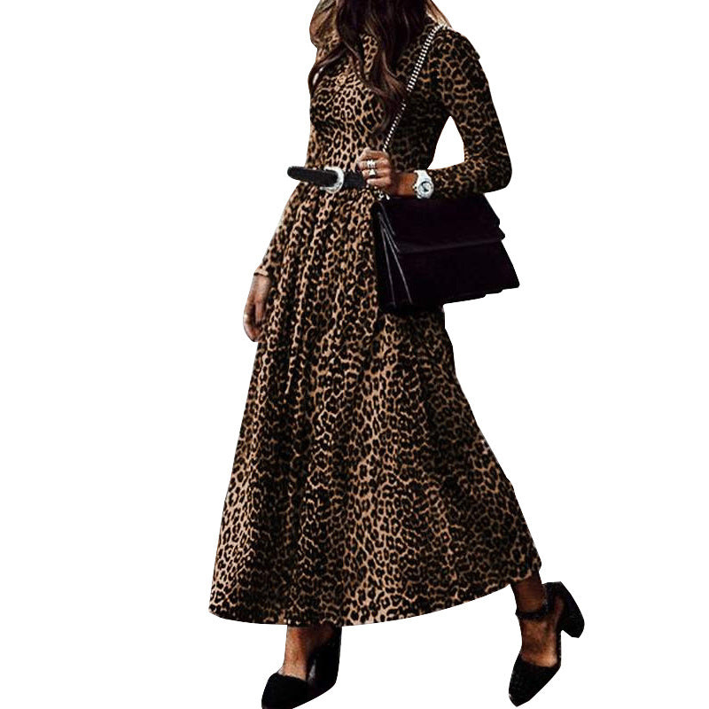 Leopard print long sleeve pleated pleated dress