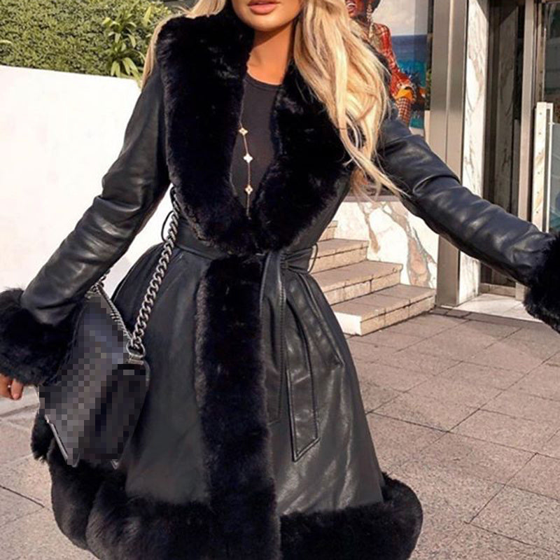 Medium-Length Fur Coat with Lotus Leaf Hem and Faux Leather Belt