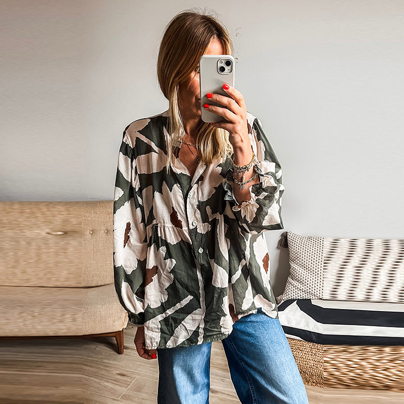 Vintage Floral Print Cardigan Shirt European & American Fashion