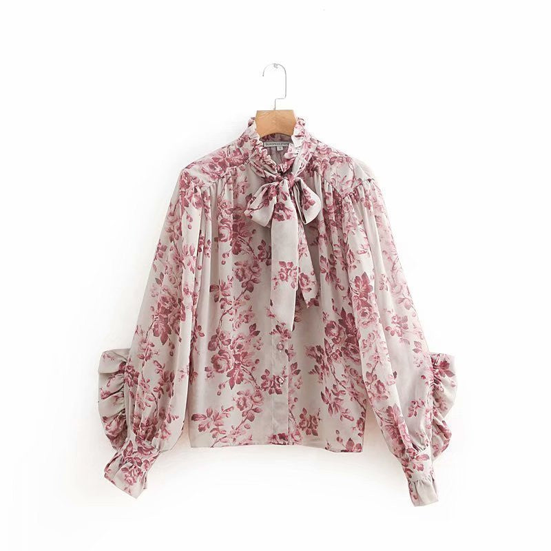 Chiffon Buttoned Ruffle Print Shirt