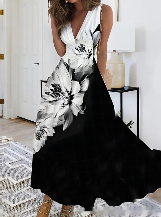 Spring Summer V-Neck Sleeveless Waist-Controlled A-Line Dress