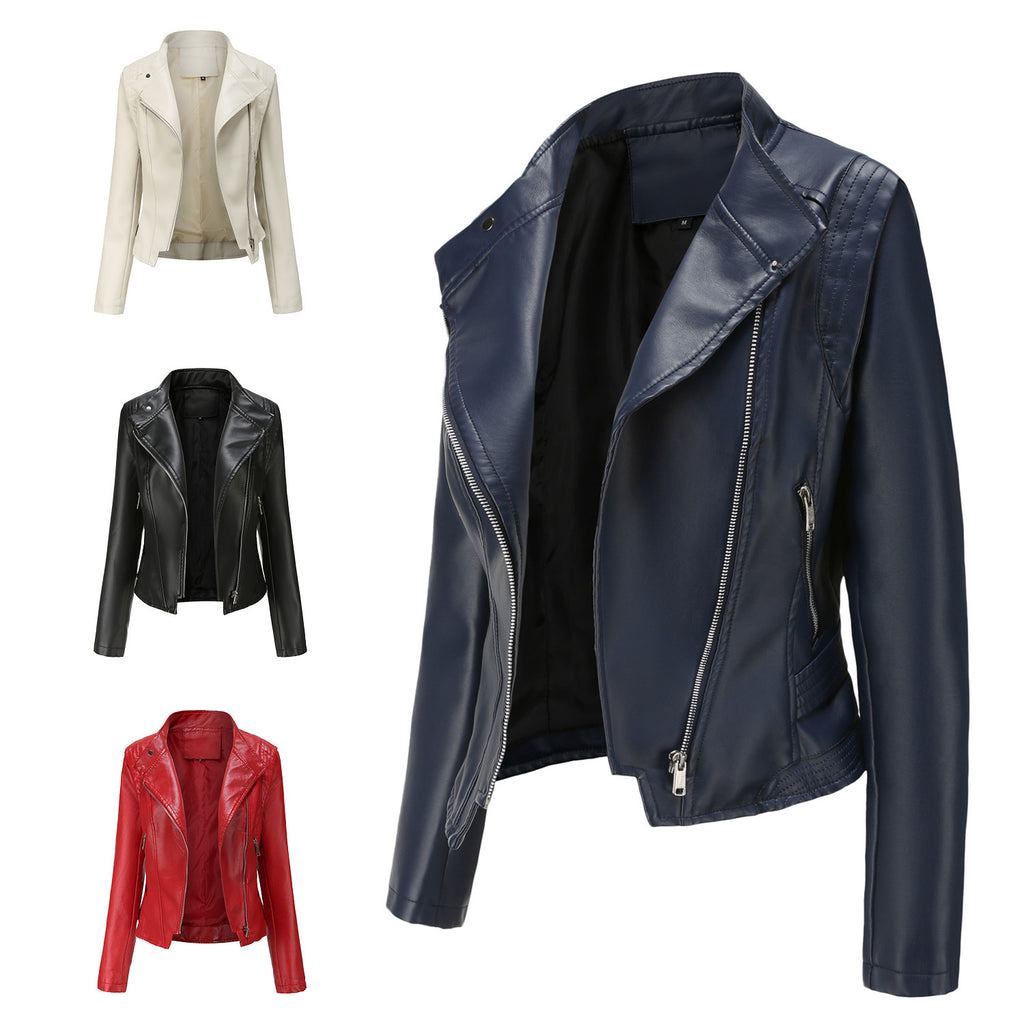 Women’s Slim-Fit PU Lapel Leather Coat with Pockets